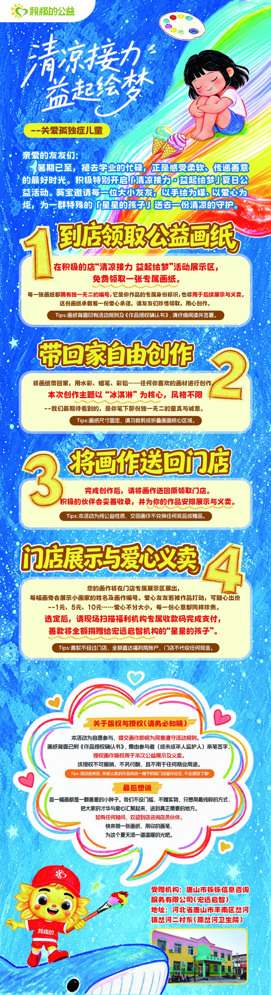 四步参与：①到店领取公益画纸 ②带回家自由创作 ③将画作送回门店 ④门店展示与爱心义卖，善款全数捐给星星的孩子